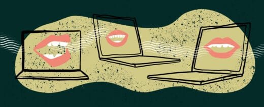 Piirroskuvassa tietokoneita joiden ruuduissa suun kuvia