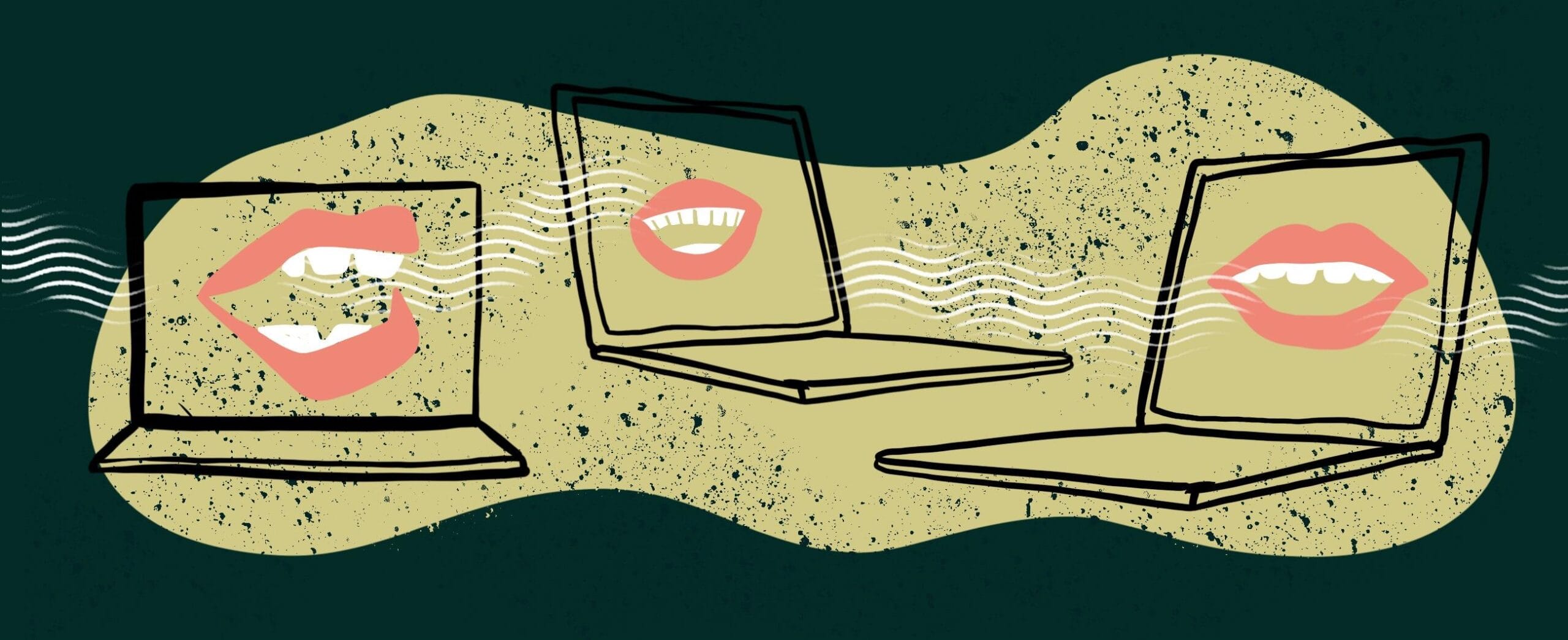 Piirroskuvassa tietokoneita joiden ruuduissa suun kuvia