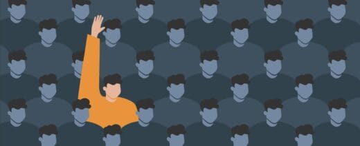 Kuvituskuva osallisuudesta. Henkilö nostaa käden ylös.