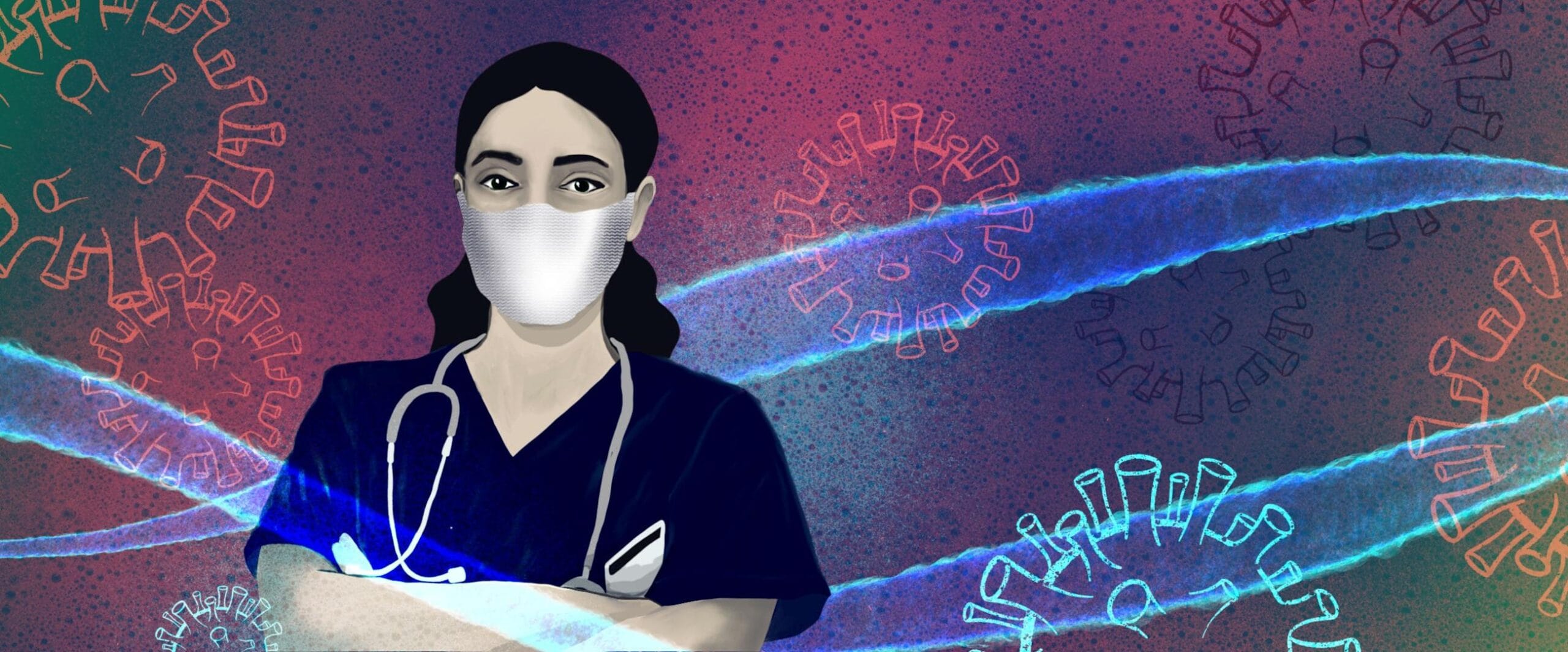 Hoitaja kasvosuojain päässä.