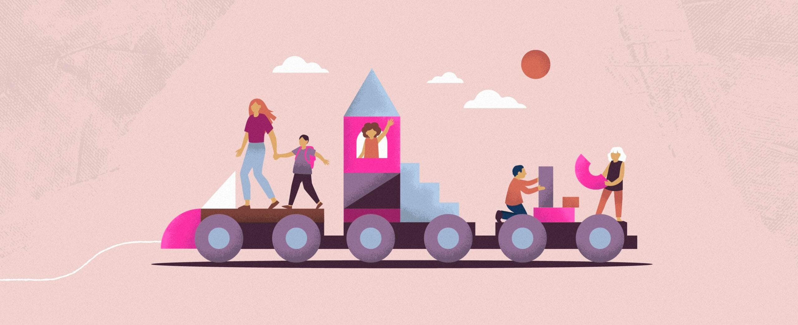 Kuvituskuva, jossa taloja ja juna.