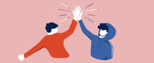 jossa kaksi ihmishahmoa lyövät kätensä yhteen