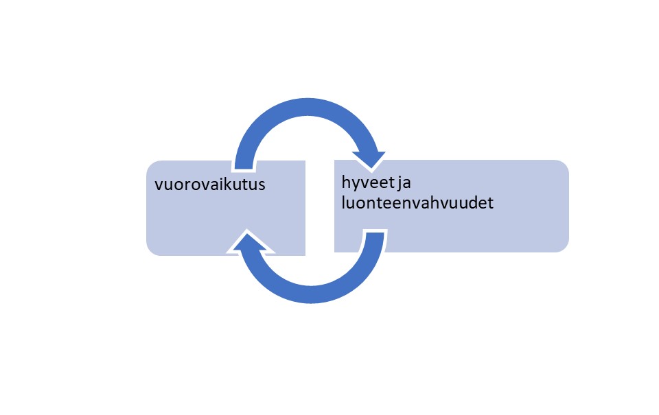 Kuvio vuorovaikutuksen ja hyveiden suhteesta.