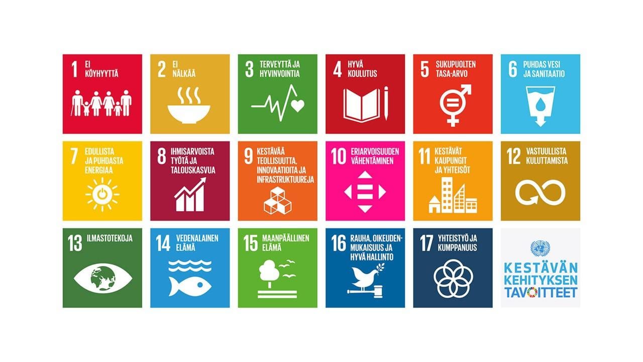 Kuvio 1. Agenda 2030 -kestävän kehityksen tavoitteet (Suomen kestävän kehityksen toimikunta, i.a.)