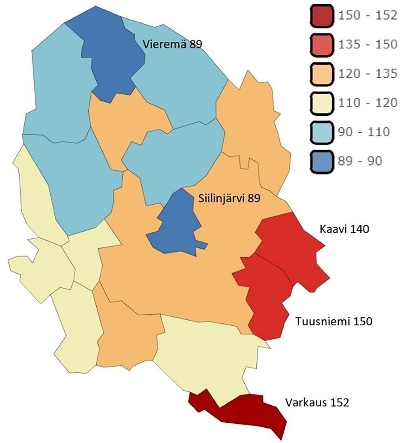 Kartta huono-osaisuuden jakautumisesta