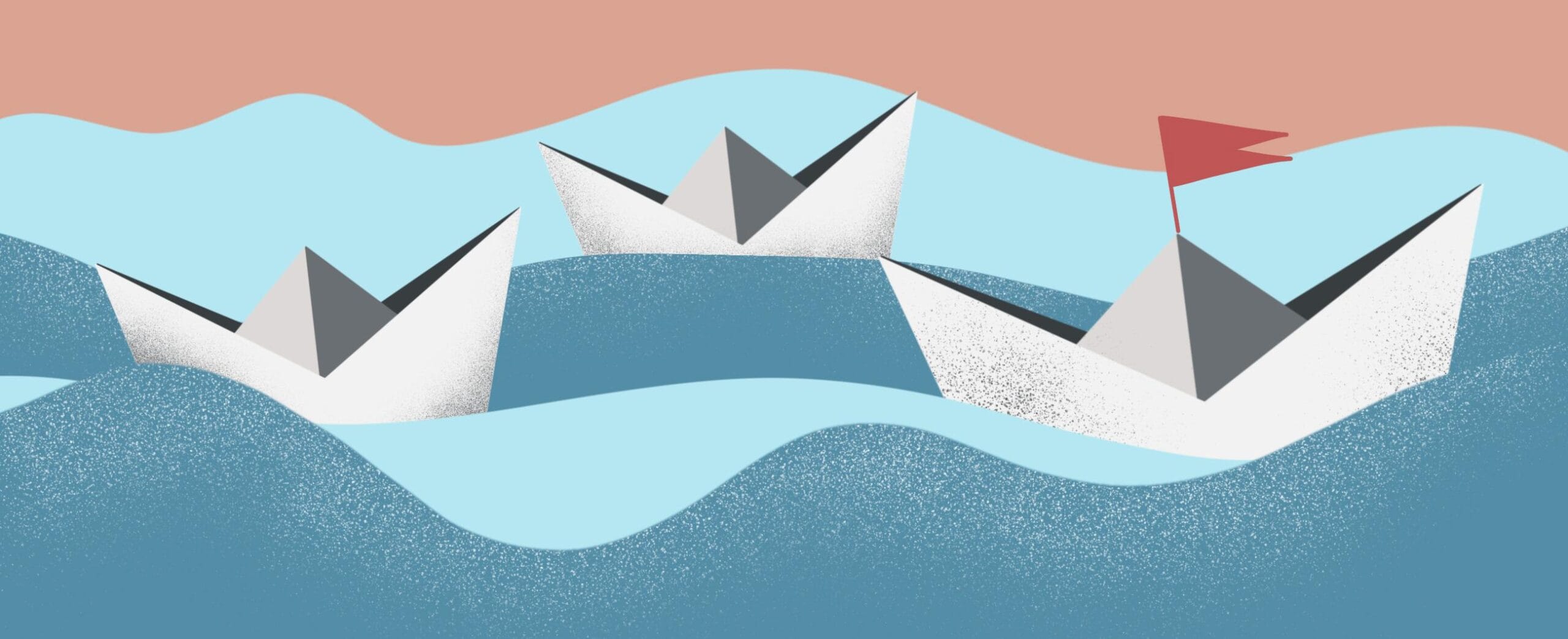 Piirroskuva, jossa paperista tehdyt laivat seilaavat laineilla.