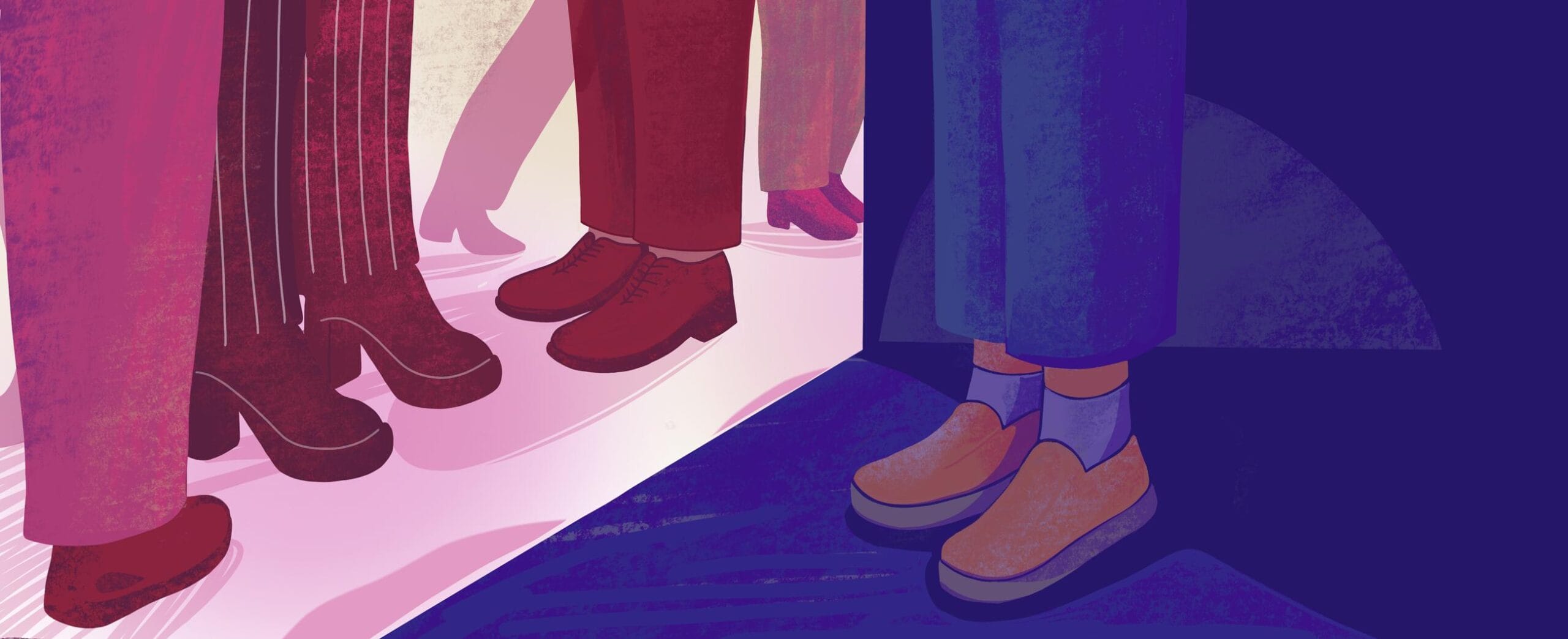 Piirroskuvassa jalkoja ja kenkiä.