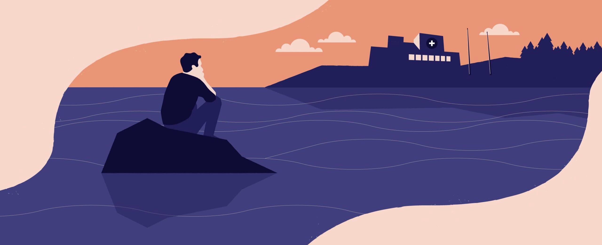 jossa ihminen istuu vedessä olevalla kivellä ja katsoo vastarannalle