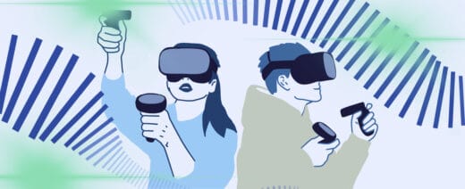 Piirroskuva kahdesta virtuaalitodellisuuslaseja käyttävästä henkilöstä. Molemmilla on käsiohjaimet, ja he ovat vuorovaikutuksessa virtuaalisen ympäristön kanssa. Taustalla on abstrakteja graafisia elementtejä, jotka korostavat digitaalista ja teknologista teemaa.