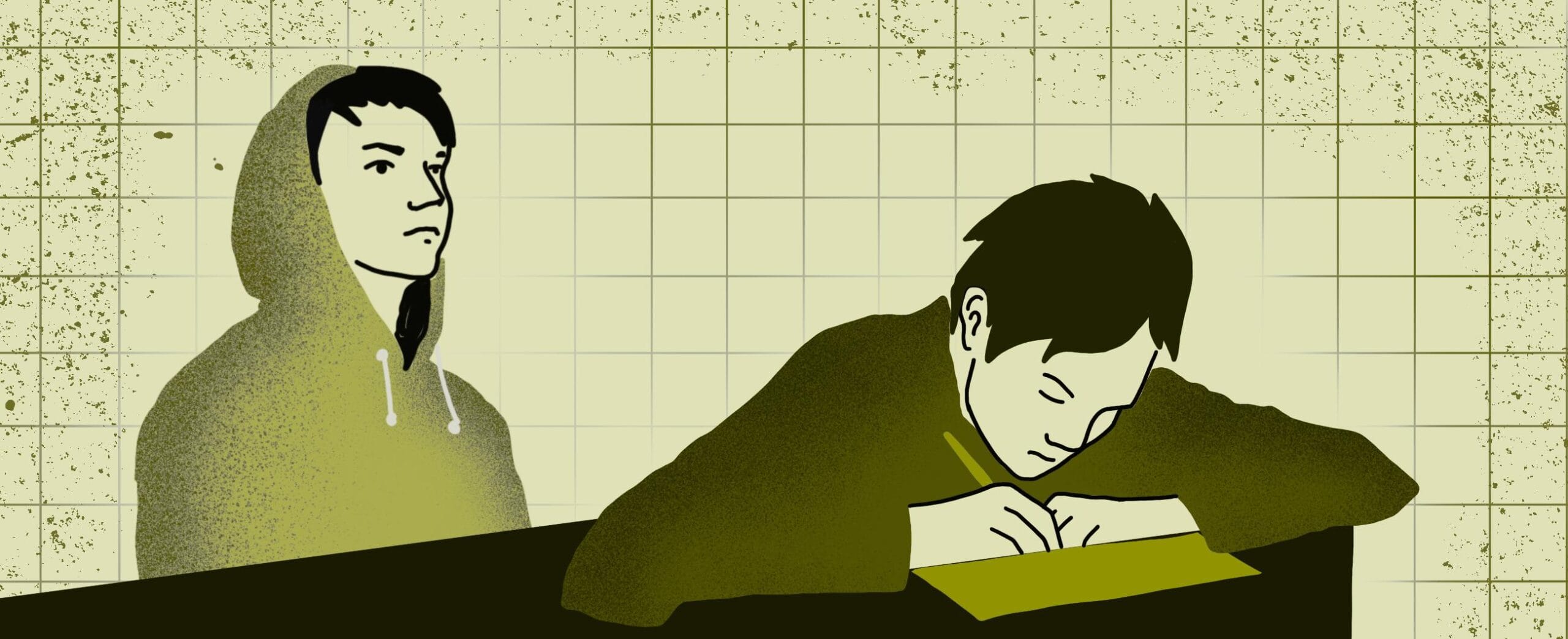 toinen kirjoittaa vihkoon