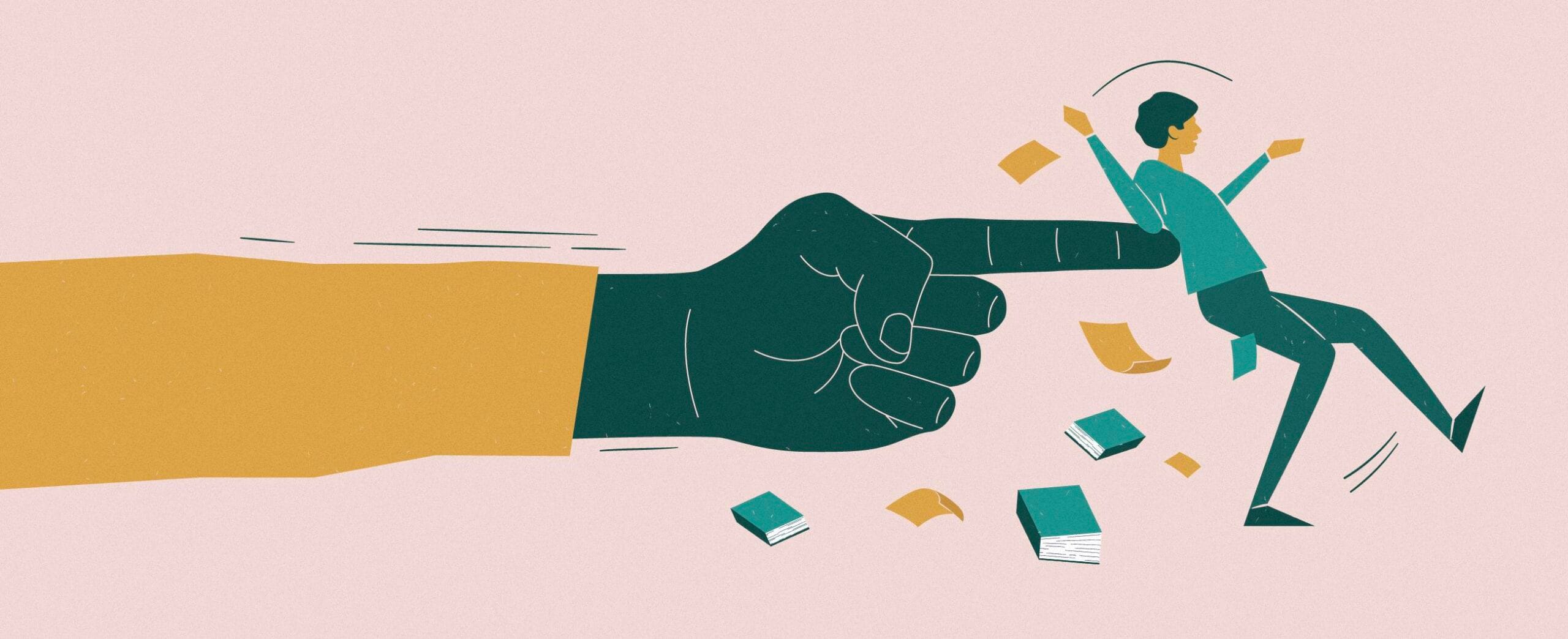 jossa ison käden etusormi työntää pientä ihmishahmoa