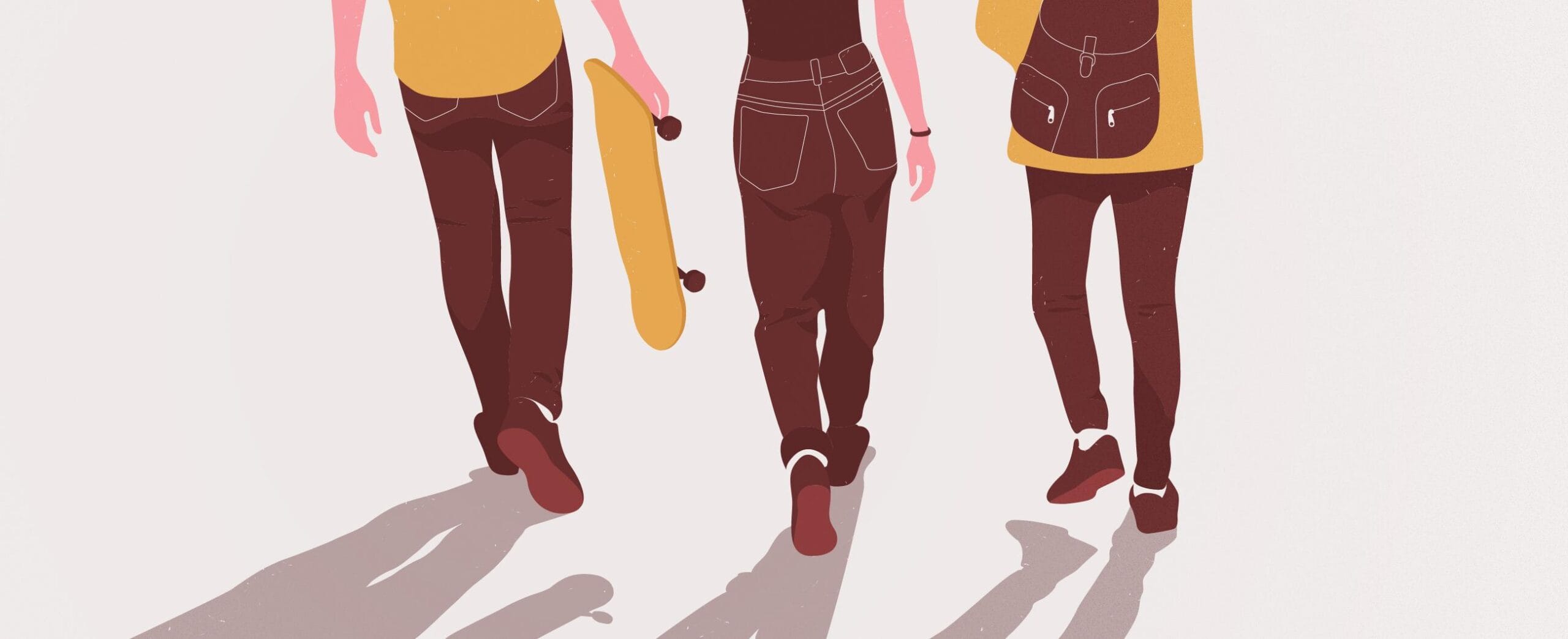 jossa kolmen kävelevän ihmisen alavartalot takaapäin