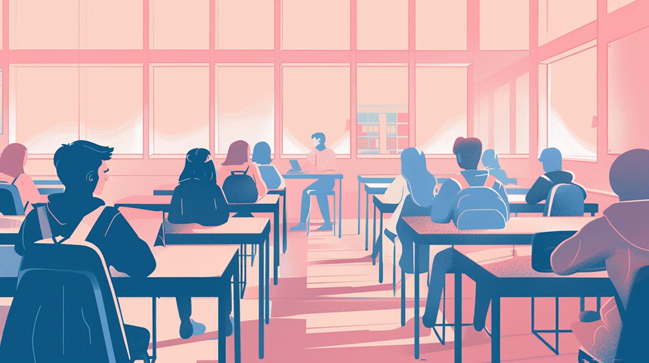 Tekoälyllä luotu piirroskuva luokkahuoneesta.