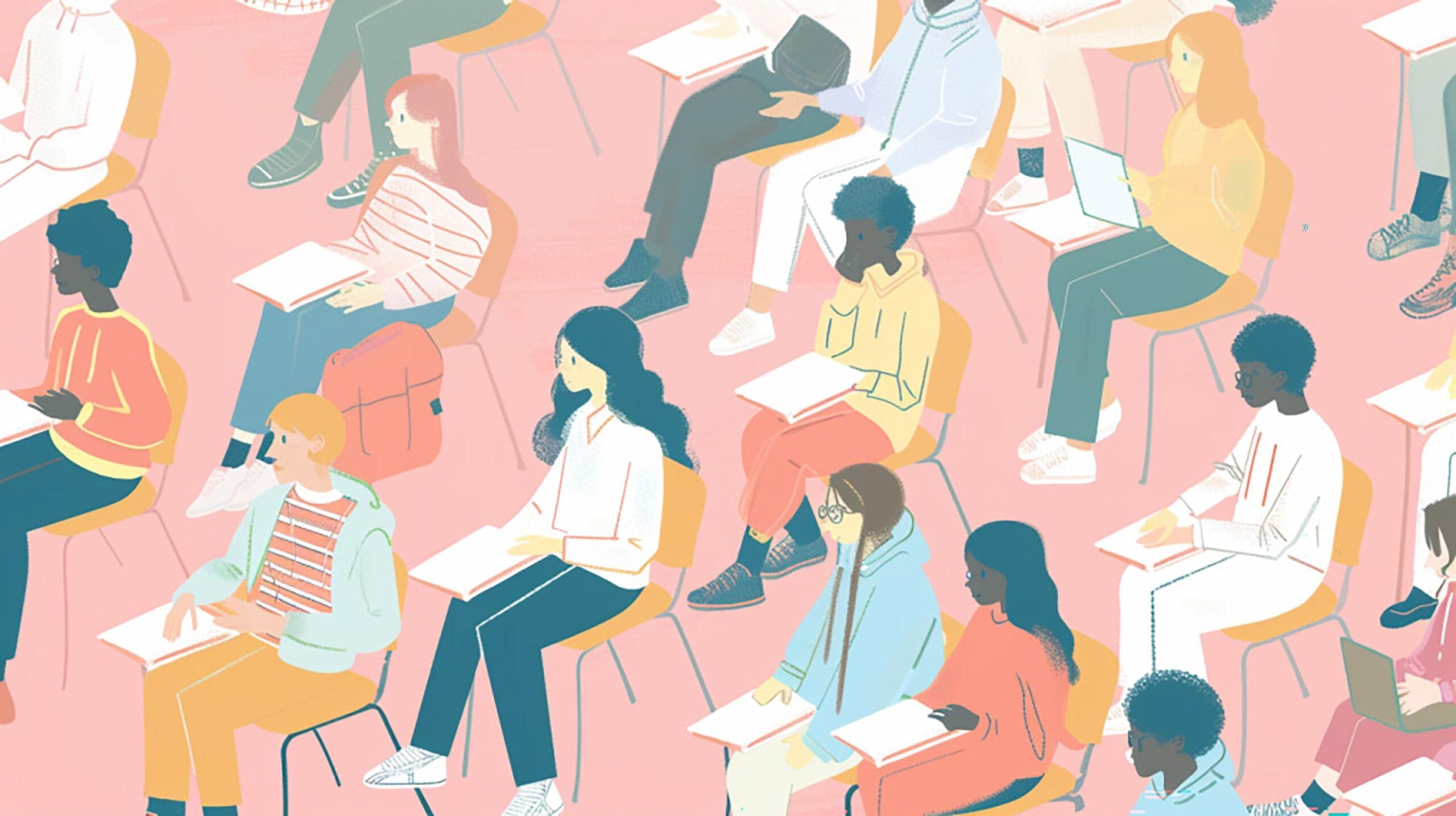 Opiskelijoita pulpetissa.