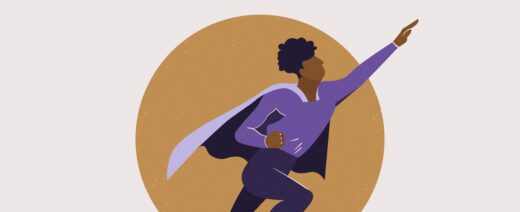 jossa supersankariasuinen hahmo ponnistaa yläviistoon käsi ojennettuna