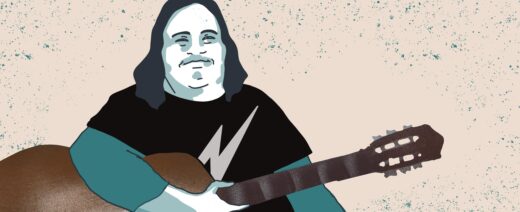 Piirroskuva ihmisestä soittamassa kitaraa.