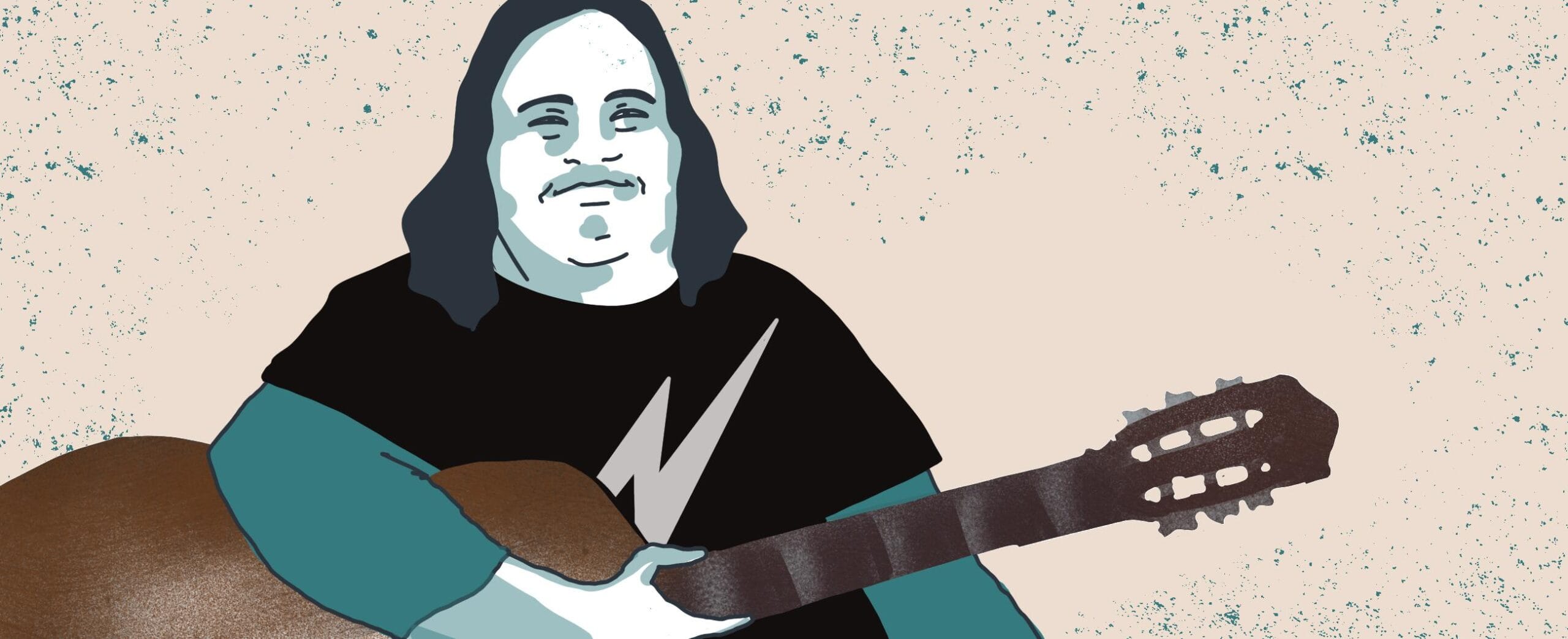 Piirroskuva ihmisestä soittamassa kitaraa.