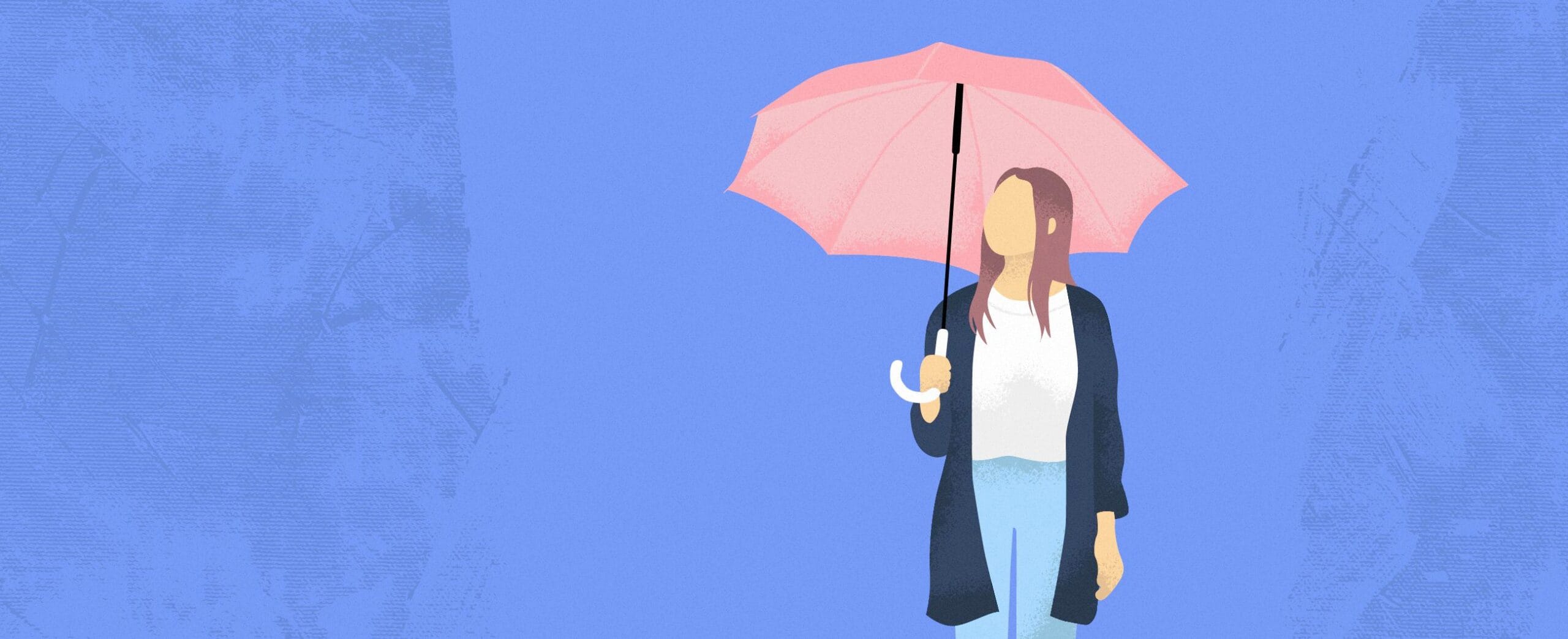 Kuvituskuva, nainen sateenvarjon alla.