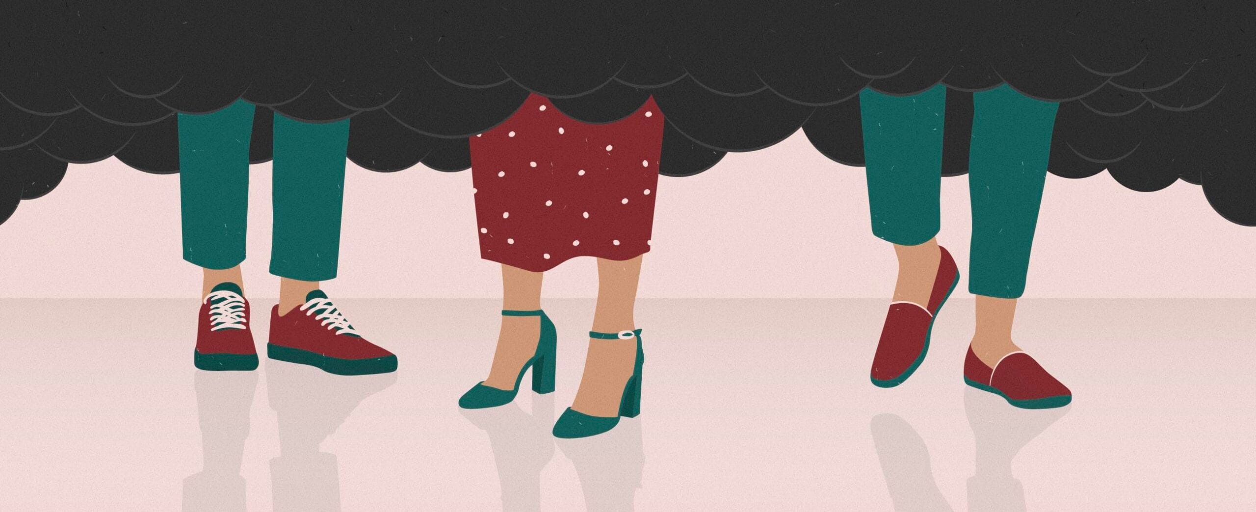 jossa kolmen henkilön jalat näkyvät mustan pilven alla