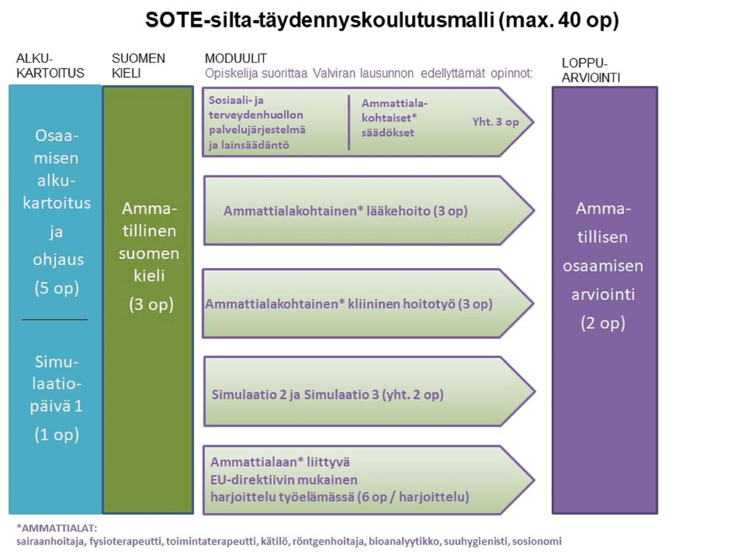 Infograafi, jossa on kuvattu SOTE-silta-täydennyskoulutusmalli. Grafiikka on jaettu neljään osaan, jotka ovat alkukartoitus (osaaminen ja simulaatiopäivä), suomen kieli (ammatillinen suomen kieli), moduulit (erilaisia Valviran edellyttämiä opintoja) ja loppuarviointi (ammatillinen osaaminen). 