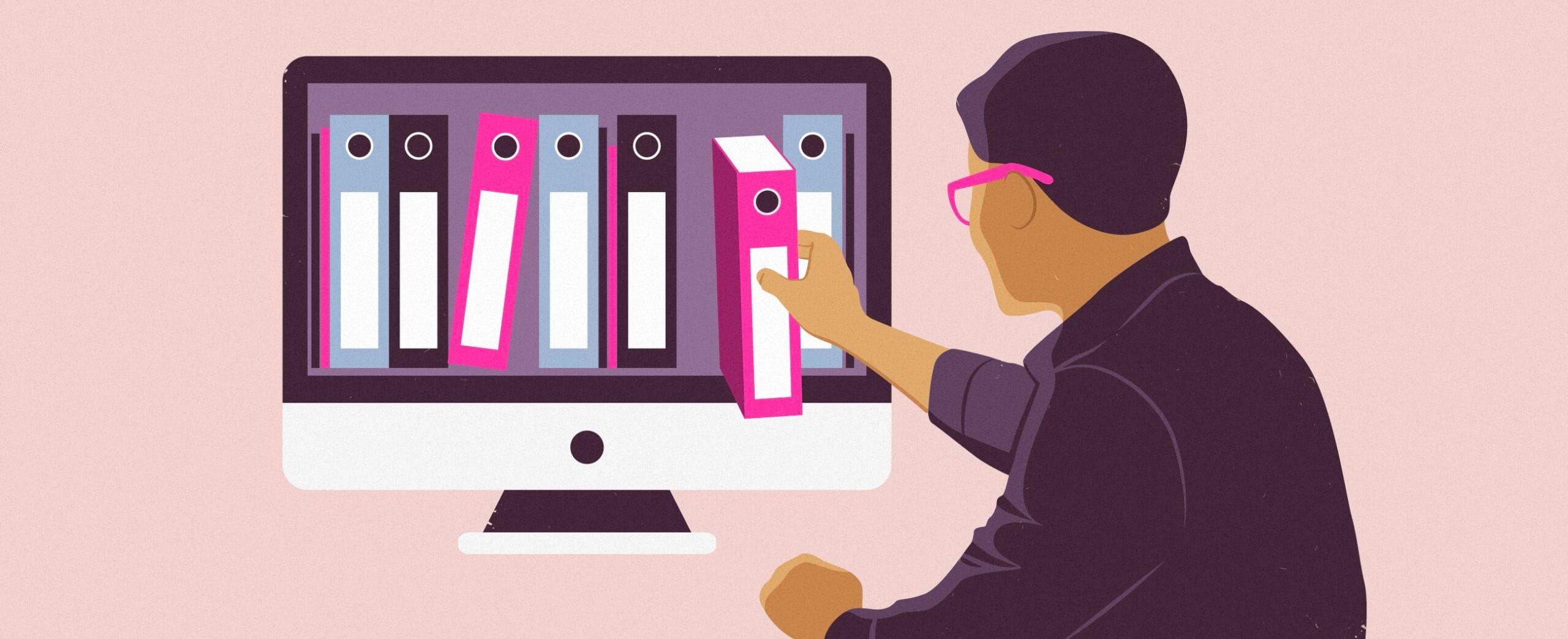 jossa mieshahmo ottaa kansioita hyllystä