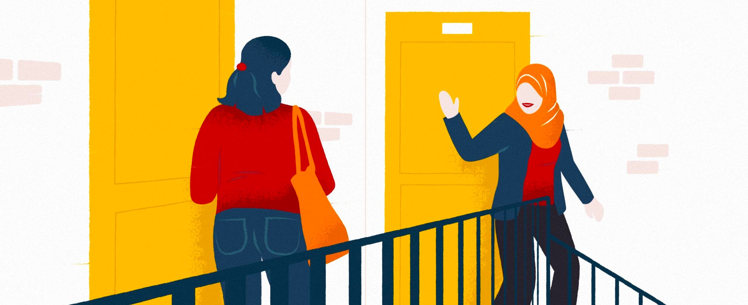 Kuvituskuva, kaksi ihmistä rappukäytävässä juttelemassa.
