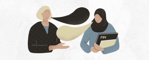 Piirroskuvassa kaksi ihmistä keskustelee keskenään puhekuplien muodossa