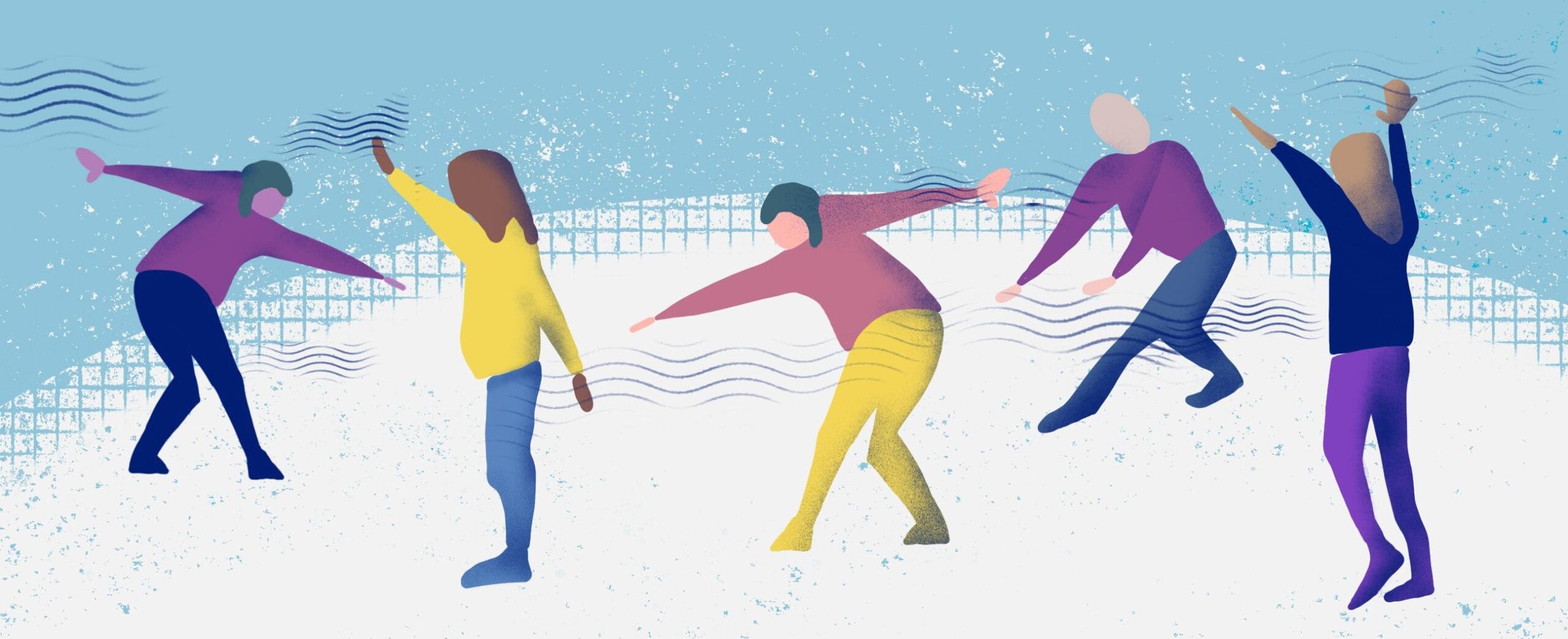 Ihmishahmoja tanssimassa tai venyttelemässä