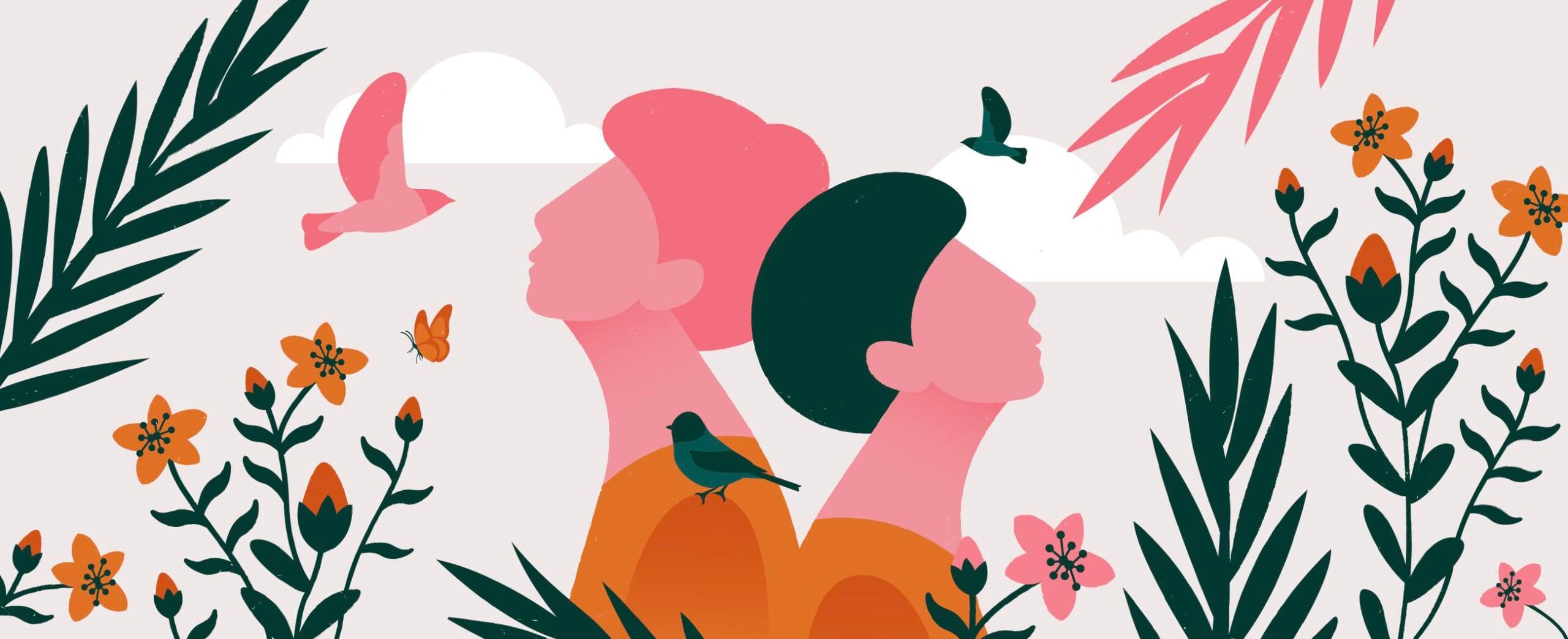 jossa kaksi ihmishahmoa selät vastakkain kasvien keskellä