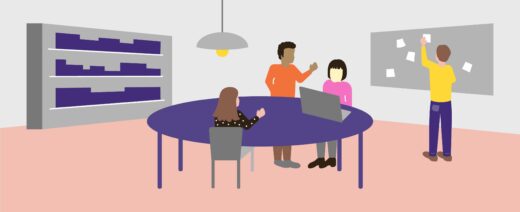 jossa henkilöitä ison pöydän ääressä