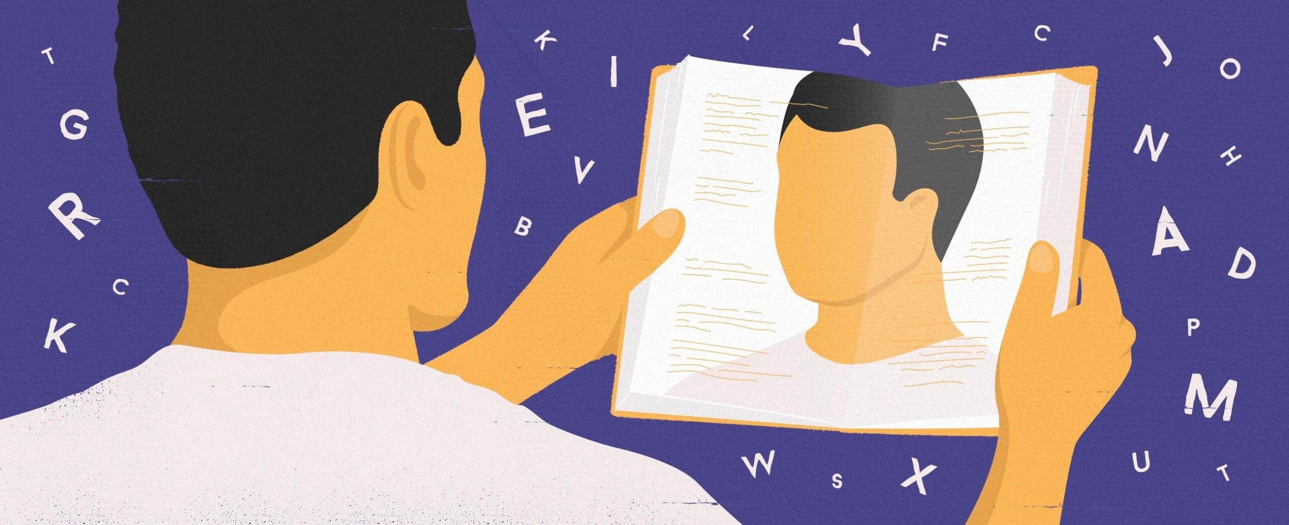 Piirroskuvassa mies lukee kirjaa jossa on hänen oma peilikuvansa