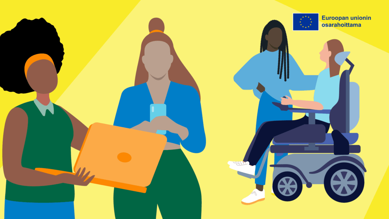 Erilaisia ja erivärisiä ihmisiä piirroskuvassa.Ihmisten moninaisuutta piirroskuvassa