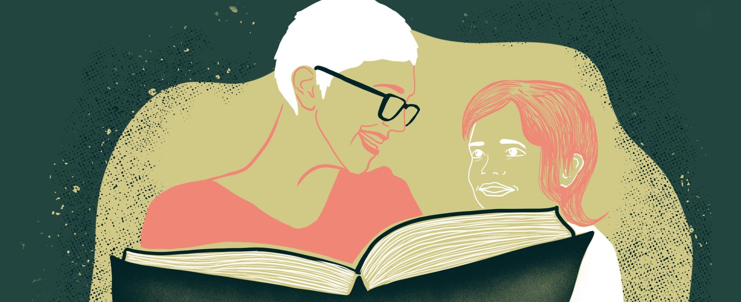 Piirroskuvassa aikuinen ja lapsi lukevat kirjaa yhdessä