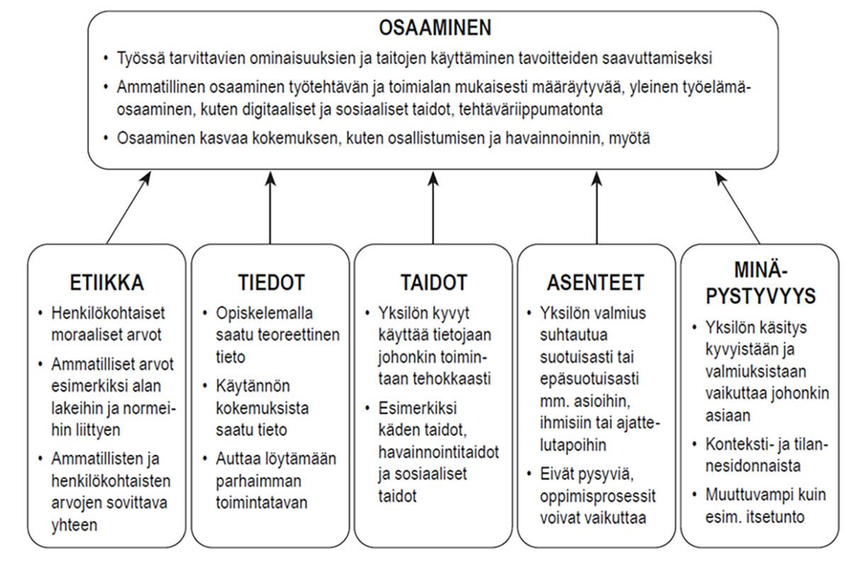 Kuvio osaamisen eri osa-alueista, kuten etiikasta, tiedoista, taidoista, asenteista ja minäpystyvyydestä.