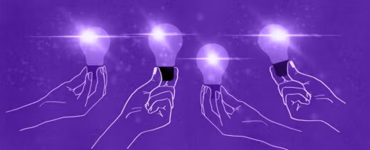 Piirroskuvassa on neljä piirrettyä kättä, jotka pitelevät hehkulamppuja. Lamput hohtavat kirkkaasti violetilla taustalla, ja kädet on piirretty valkoisin viivoin. Jokainen lamppu on sytytetty ja tuottaa valokehän ympärilleen.