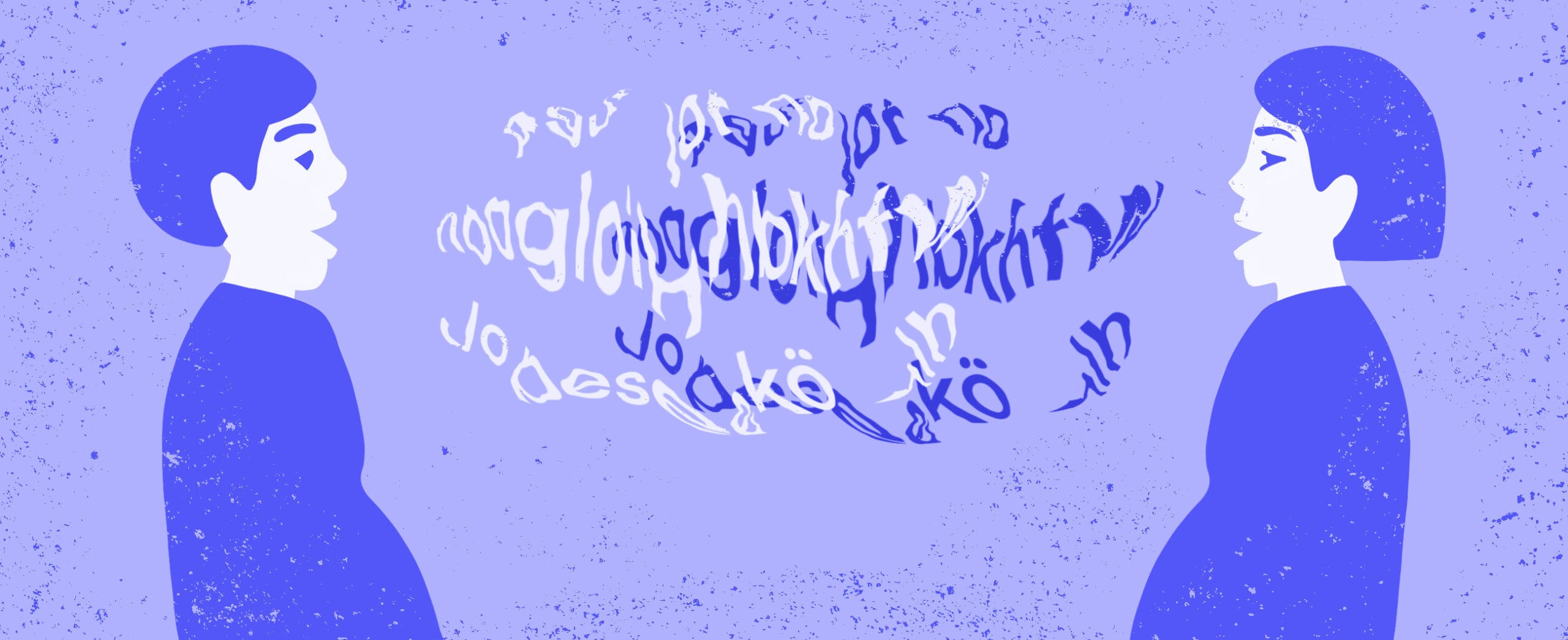 Piirroskuva, jossa kahden ihmisen välissä leijuu kirjaimia, sinen värimaailma.