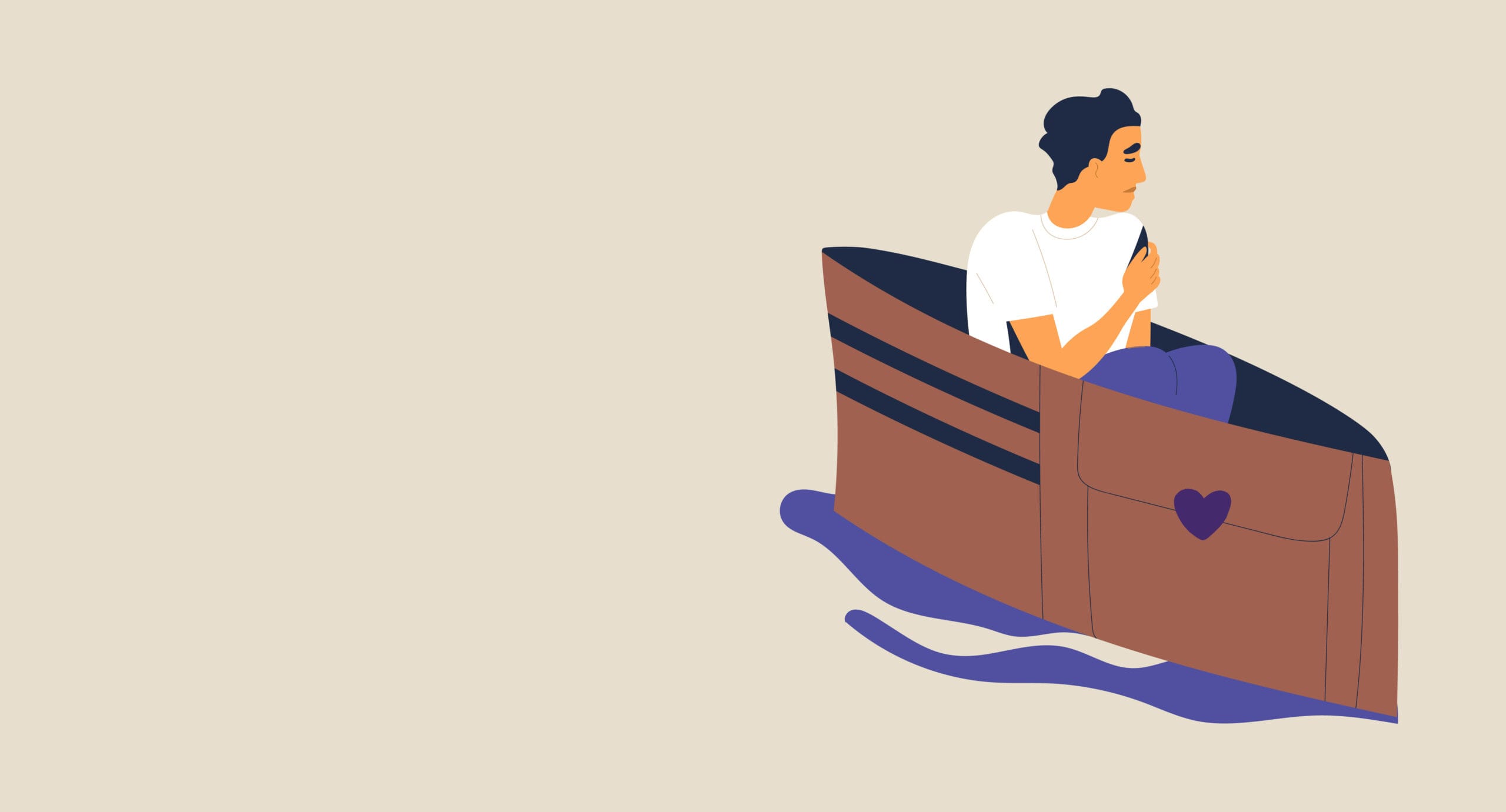 Piirroskuva, jossa lompakko veneenä ja ihminen kyydissä.