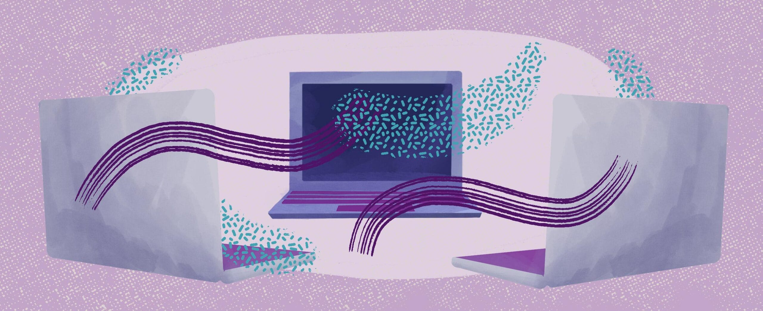 Piirroskuva kolmesta tietokoneesta, joiden välissä kulkee kuvioita.