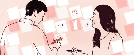 Kuvituskuva, jossa kaksi ihmistä tekee merkintöjä postit-lapuille, jotka ovat seinällä.