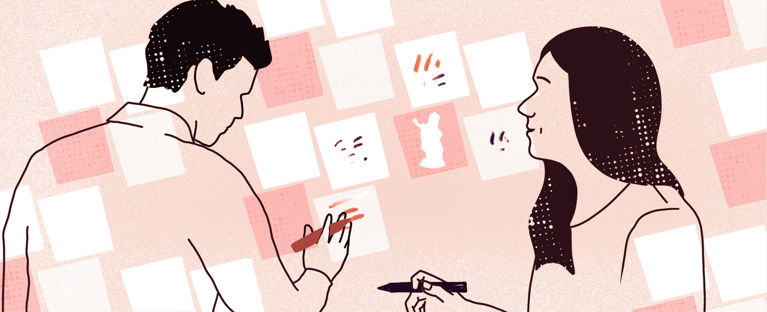 Kuvituskuva, jossa kaksi ihmistä tekee merkintöjä postit-lapuille, jotka ovat seinällä.