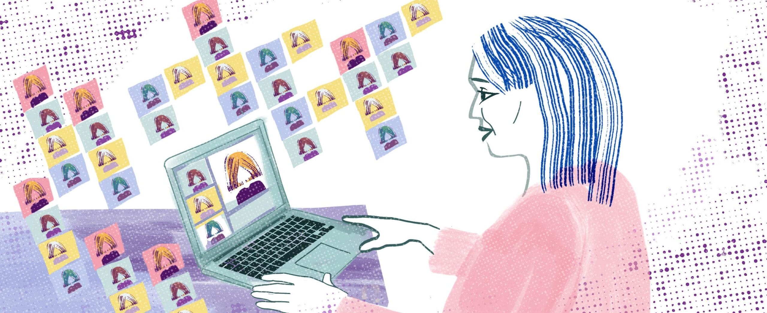 Piirroskuva etätyötä tekevästä ihmisestä. Ilmassa leijuu Teamsista tuttuja henkilökuvia.