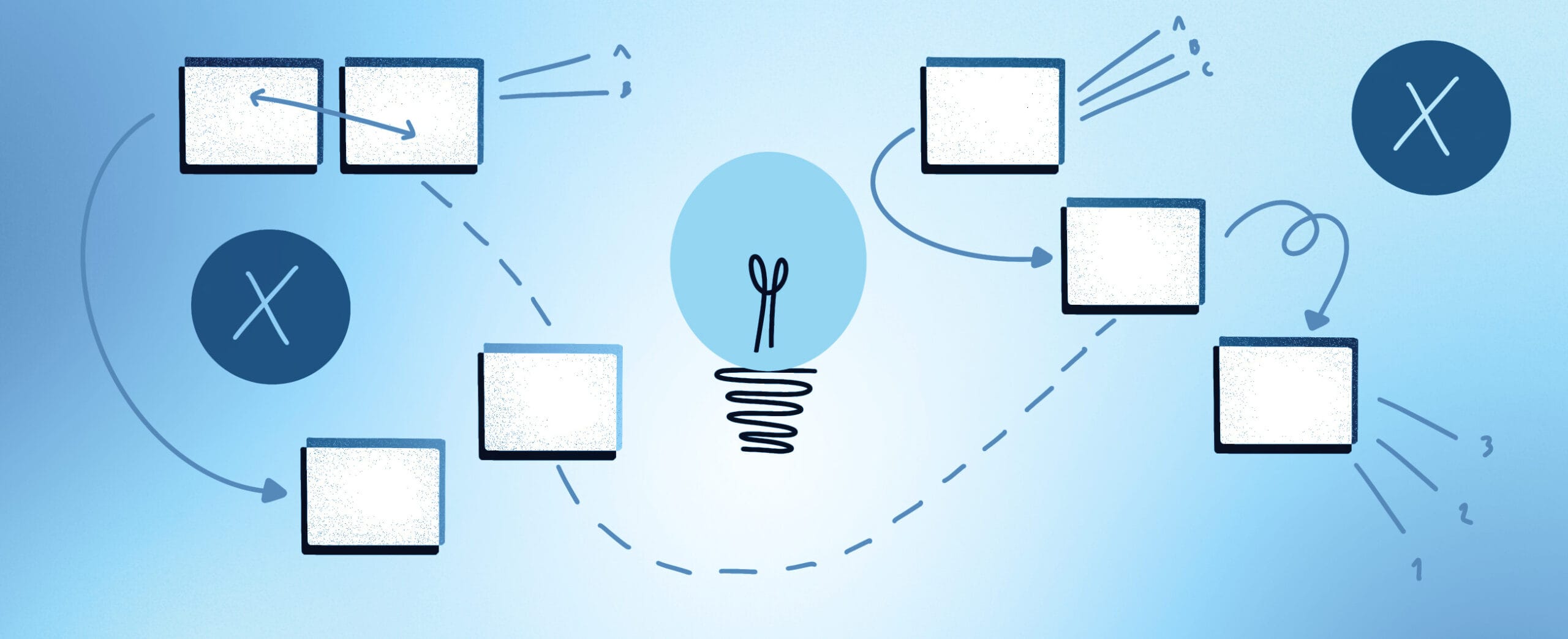 Kuvituskuva, jossa sinisellä taustavärillä keskellä lamppu, ympärillä valkoisia muistillappuja.