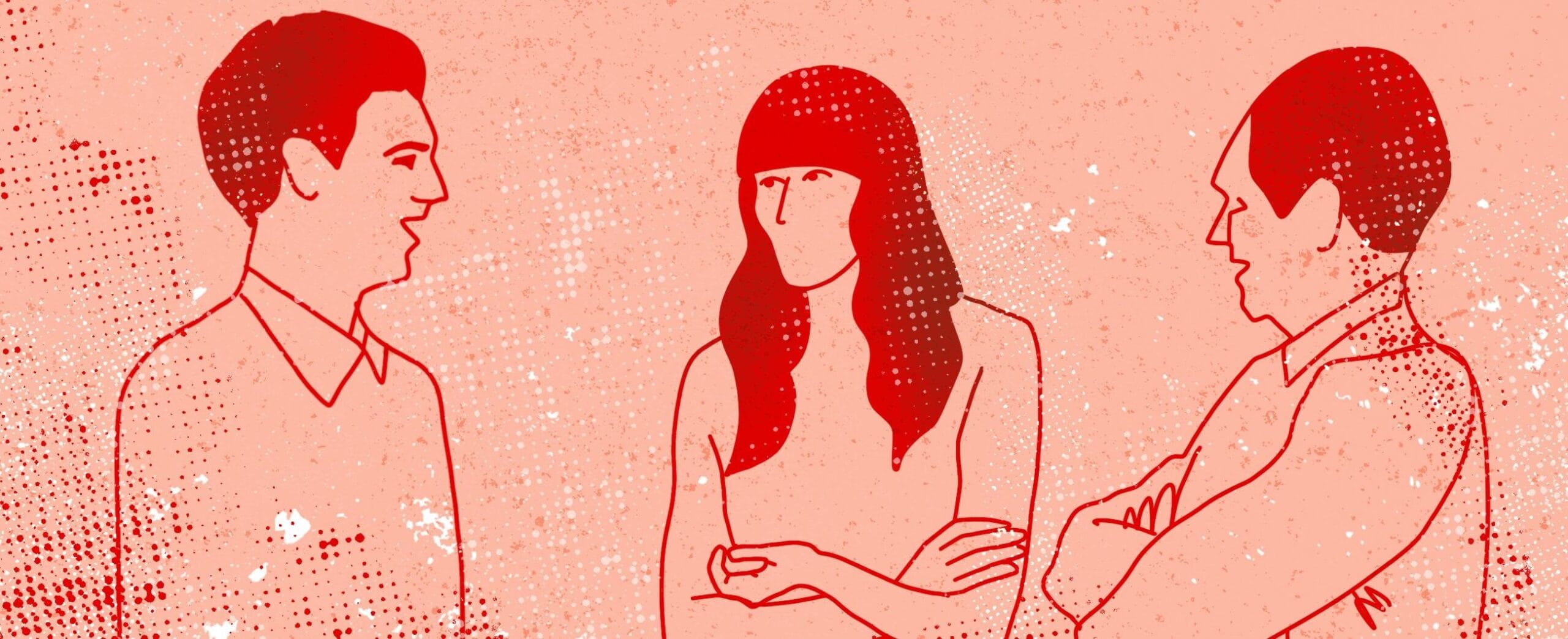 Piirroskuvassa kolme ihmistä juttelee keskenään