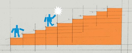 jossa kaksi sinistä palikkahahmoa kiipeää portaikkoa.