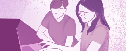 Kuvituskuva, violettisävyinen värimaailma, jossa kaksi naista istuu tietokoneen edessä pöydän ääressä.