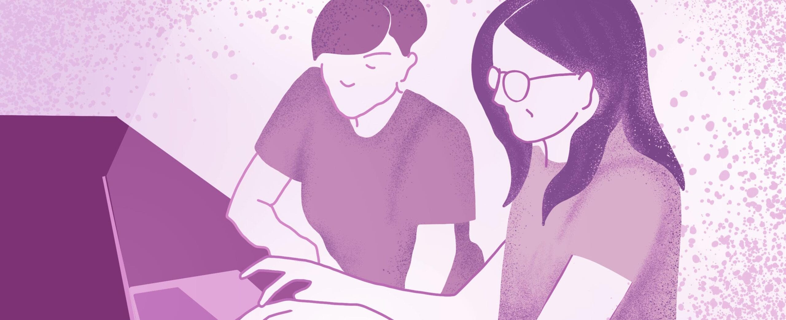 Kuvituskuva, violettisävyinen värimaailma, jossa kaksi naista istuu tietokoneen edessä pöydän ääressä.