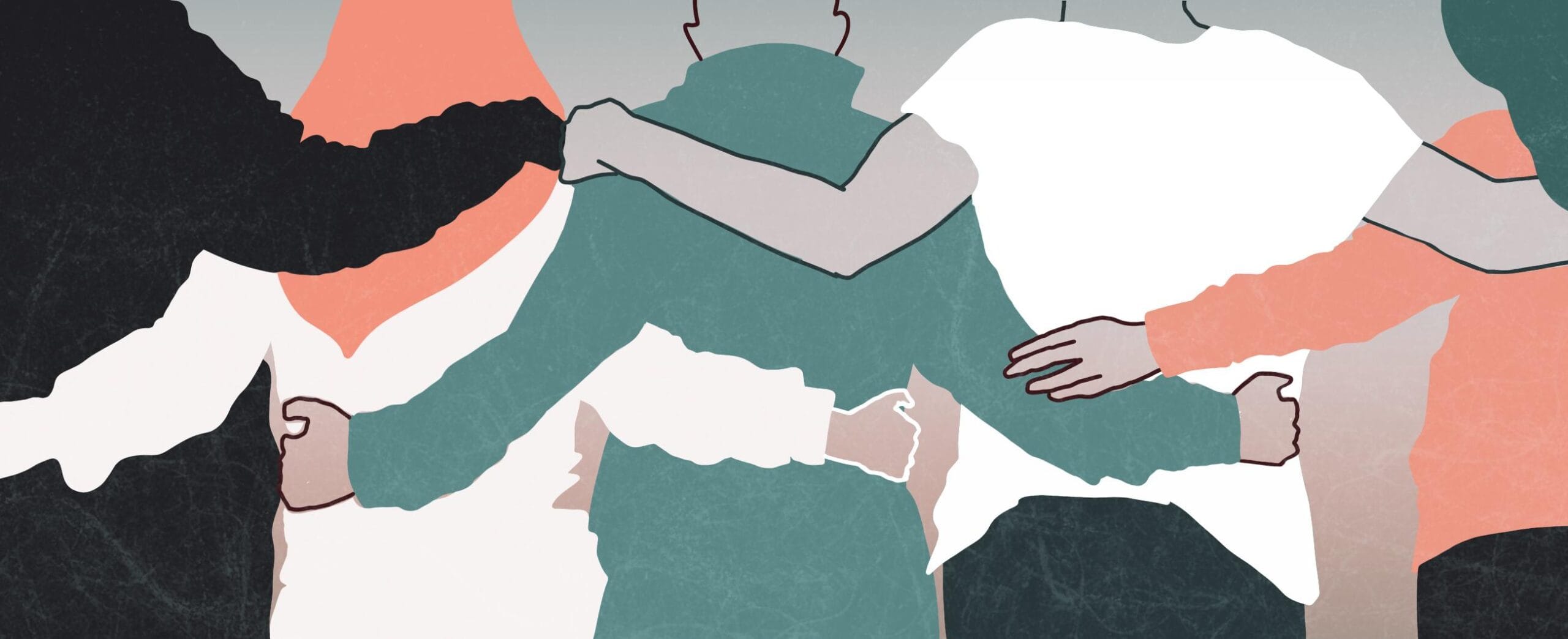 Kuvituskuva, jossa ihmisiä vierekkäin, selin kuvaan päin. Vihreä- ja oranssinsävyinen piirroskuva.