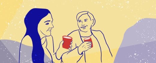 Kuvituskuva, piirroskuva kahdesta henkilöstä kohottamassa maljaa punaisilla kupeilla.