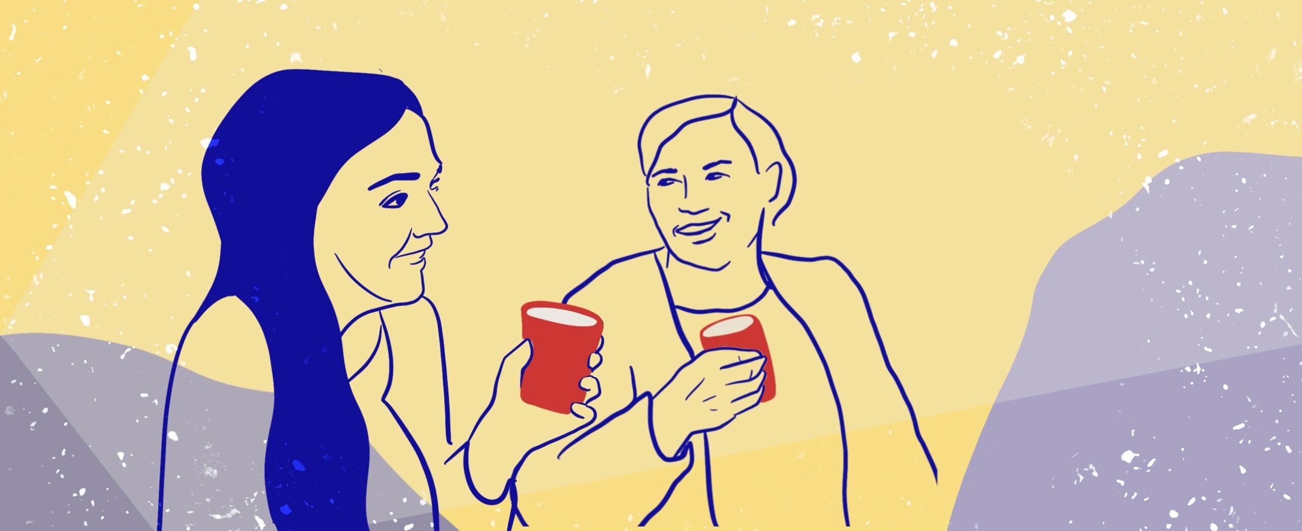 Kuvituskuva, piirroskuva kahdesta henkilöstä kohottamassa maljaa punaisilla kupeilla.