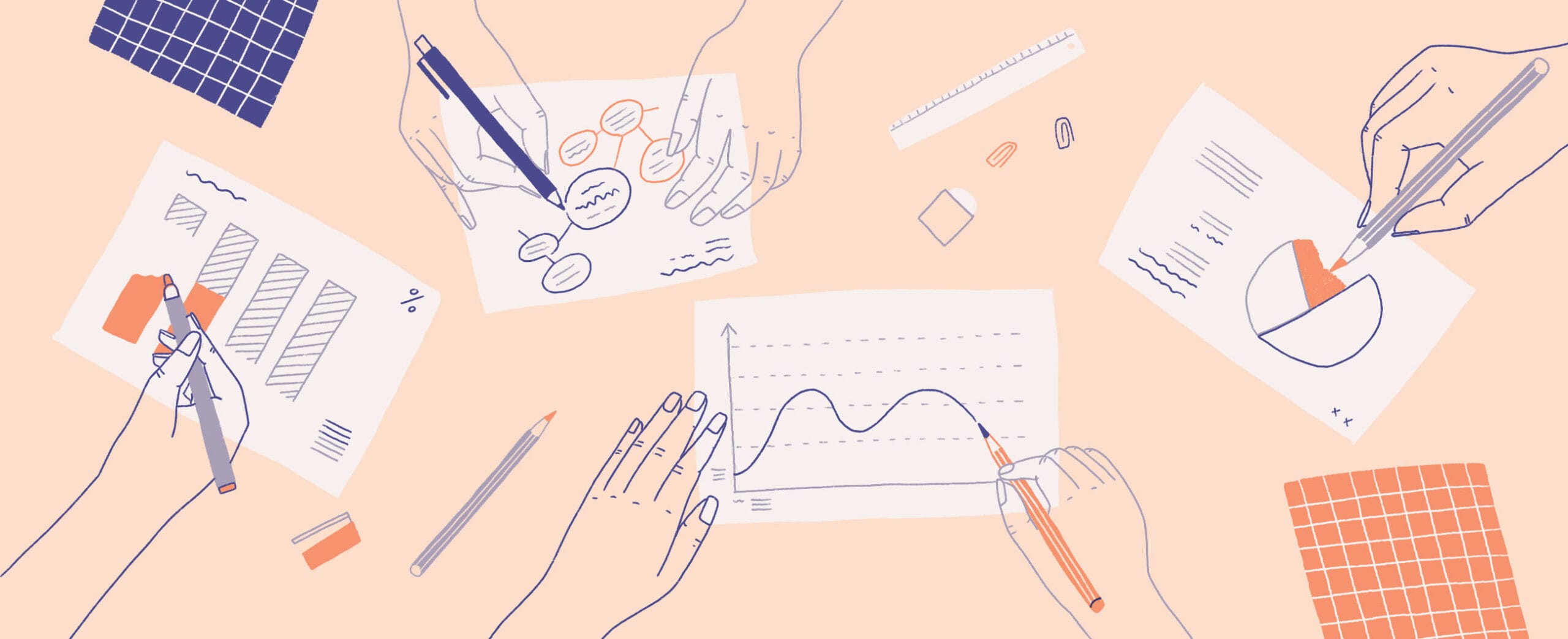 Piirroskuvassa kädet piirtävätä kuvioita papereille.